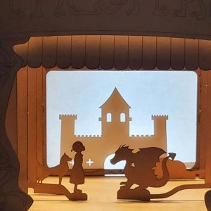 Théâtre d’ombres chinoises en carton avec silhouettes de dragon, chevalier et château – kit complet pour enfants